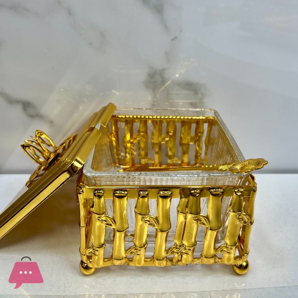 Gold-Colored Sugar Pot Glass Bowl inside with Metal Stand