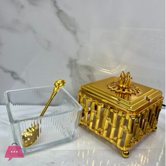 Gold-Colored Sugar Pot Glass Bowl inside with Metal Stand