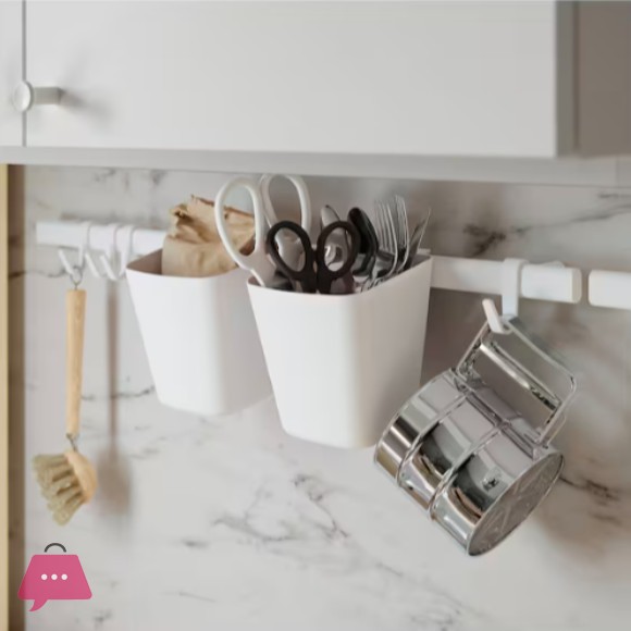 IKEA SUNNERSTA Rail with 4 hooks and 2 containers, white