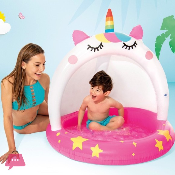 INTEX Inflatable Unicorn Childrens Pool with Padded Floor and Sunshade 102x102 cm - 58438