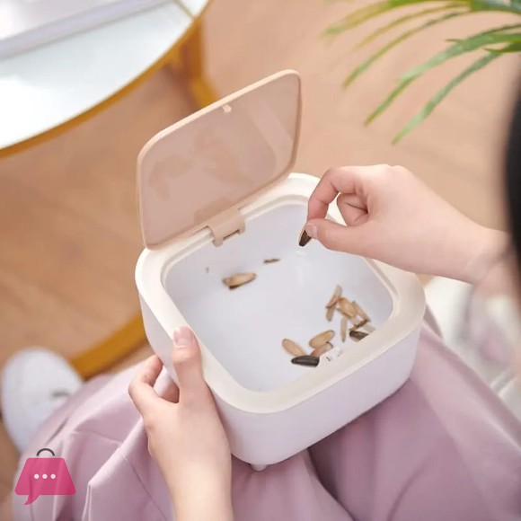 Mini Portable Tabletop Dustbin, Mini Trash Can with Lid Square Press - White