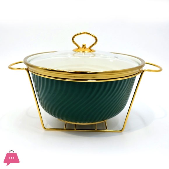 Wavy Textured Serving Bowl with Glass Lid Round Chafing Dish Elegant Gold Stand 10 Inch
