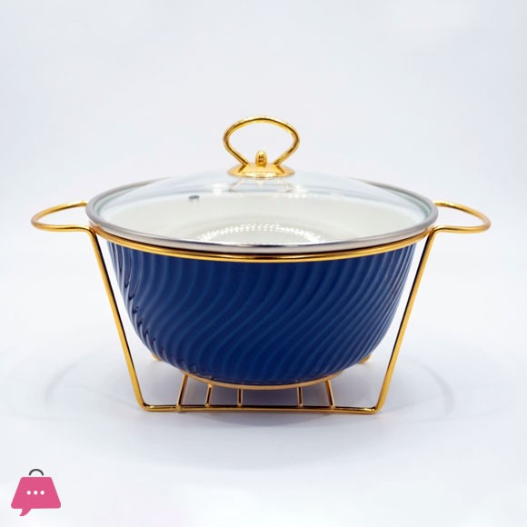 Wavy Textured Serving Bowl with Glass Lid Round Chafing Dish Elegant Gold Stand 10 Inch