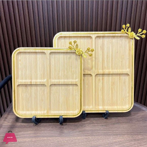 Wooden Snack Plates 4 Partition Square Handmade Bamboo Crafted Divider Plate Tray with Beautiful Flower Gold (Large - 30cm)