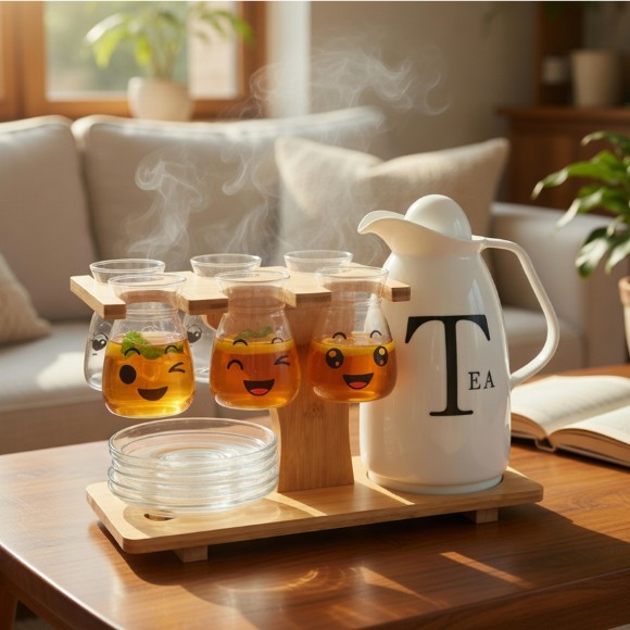15-piece Porcelain Tea Set with 6 Emoji Glass Cups & Saucers with Stand