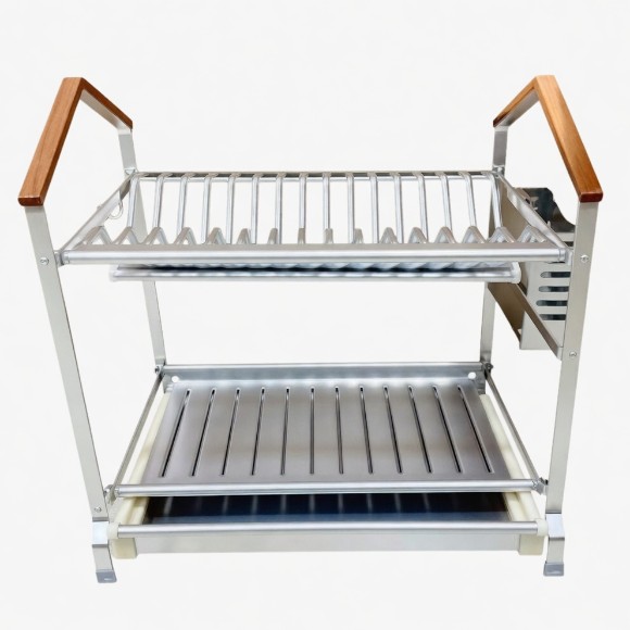 2-Tier Aluminium Dish Rack with Wooden Handles