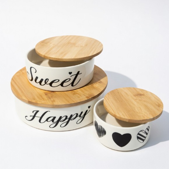 3 Piece Ceramic Bowls with Bamboo Lids