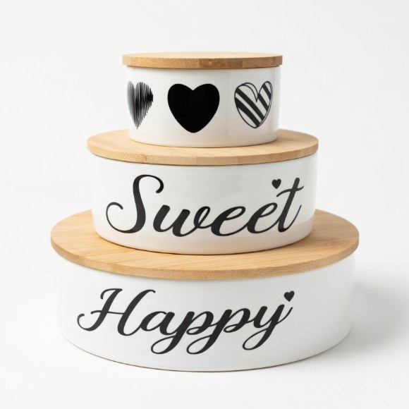3 Piece Ceramic Bowls with Bamboo Lids