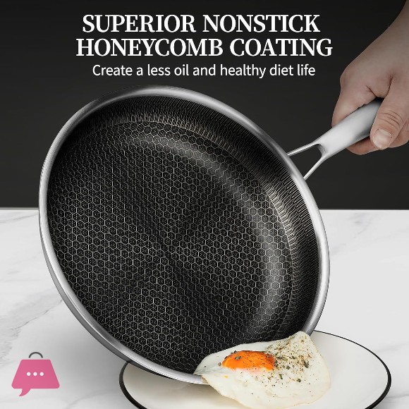 304 Stainless Steel Honeycomb Laser Coated Non-stick Frying Pan with Lid Induction Safe