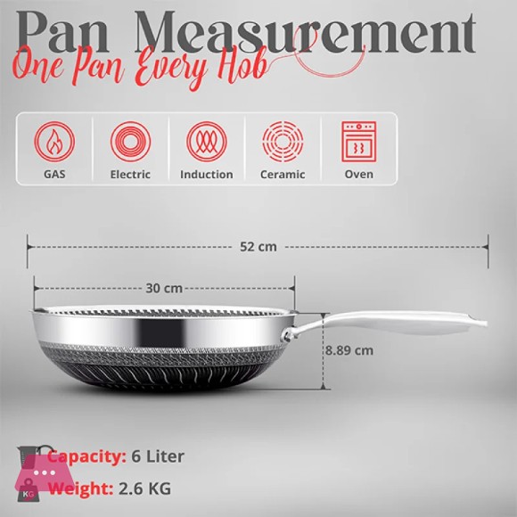 304 Stainless Steel Honeycomb Laser Coated Non-stick Single Handle Wok with Lid Induction Safe - 30CM