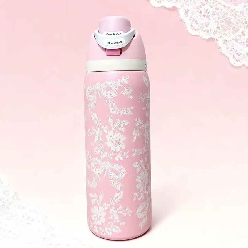 32oz-owala-freesip-&times;-uo-limited-edition-ribbon-toile-pink-lace-design-owala-cup-with-straw-insulated-stainless-steel-thermos-cup-water-bottle-for-travel-bpa-free-sports