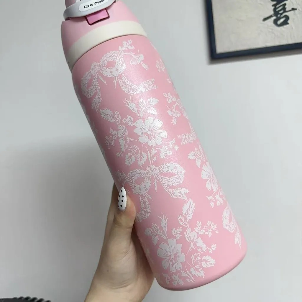 32oz-owala-freesip-&times;-uo-limited-edition-ribbon-toile-pink-lace-design-owala-cup-with-straw-insulated-stainless-steel-thermos-cup-water-bottle-for-travel-bpa-free-sports