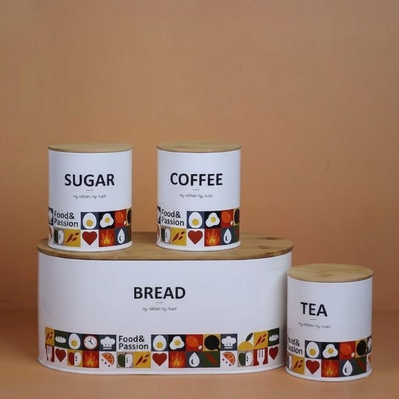 4-Piece kitchen Storage Bread Box and Canisters for Tea Coffee and Sugar,