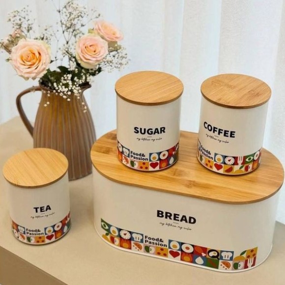 4-Piece kitchen Storage Bread Box and Canisters for Tea Coffee and Sugar,