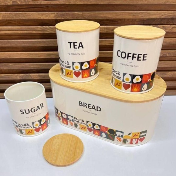 4-Piece kitchen Storage Bread Box and Canisters for Tea Coffee and Sugar,