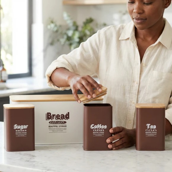 4-Piece Metal Bread Box Set with Bamboo Cutting Board Lid