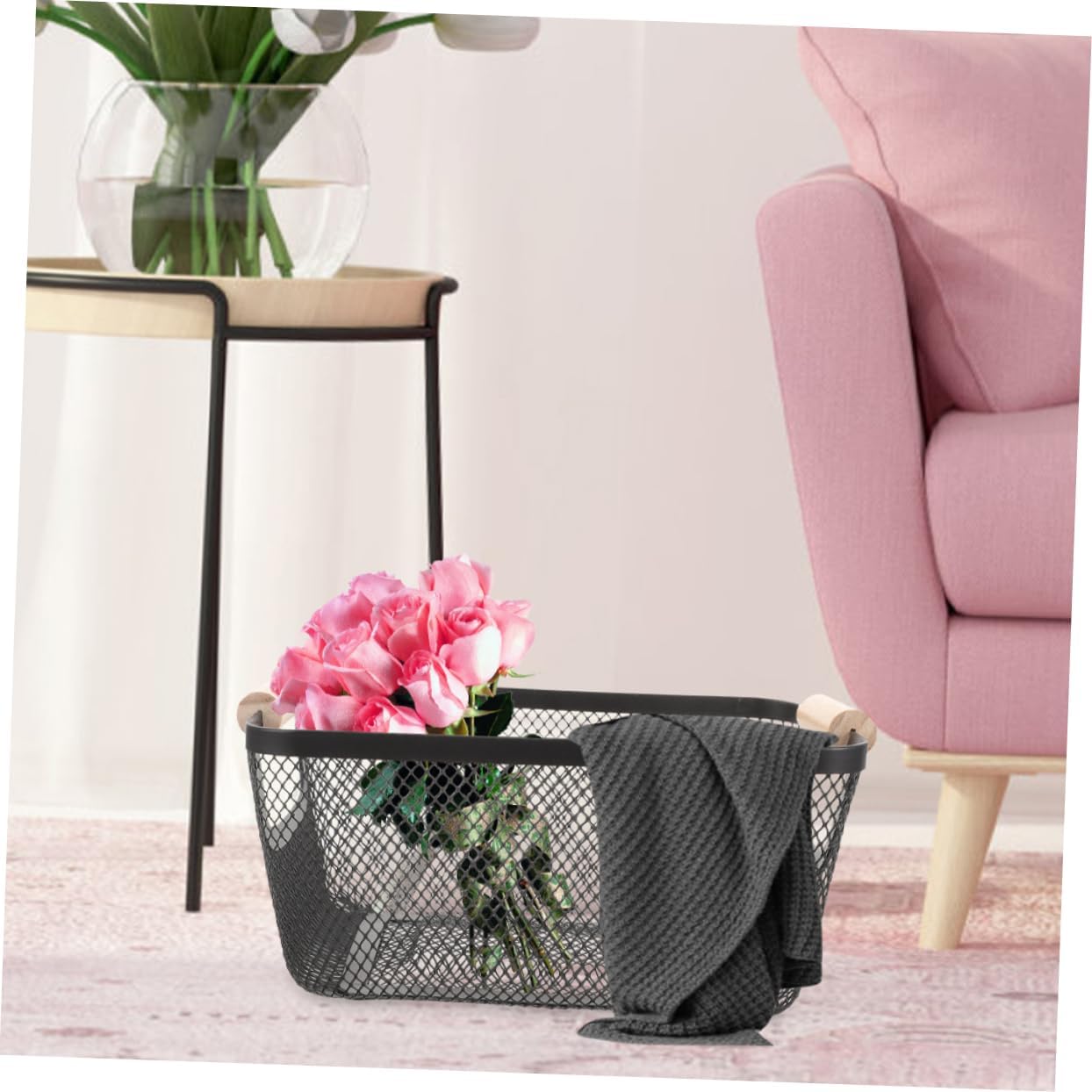 Metal Mesh Storage Basket with Wooden Handles – Set of 3