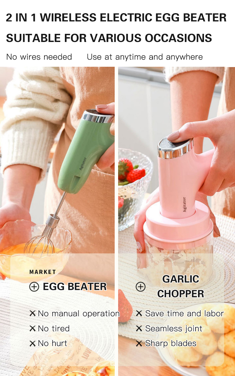 3 in 1 Wireless Electric Egg Beater and Garlic Chopper Wireless 3 Speed Mini Mixer Electric Food Blender Handheld Mixer