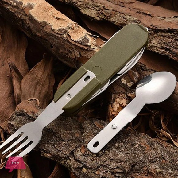 7 In 1 Multifunctional Outdoor Tableware Stainless Steel Foldable Fork Spoon Knife Picnic Camping Hiking Travelling Dinnerware