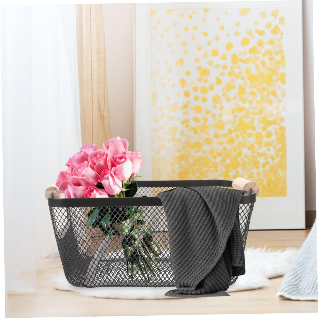Metal Mesh Storage Basket with Wooden Handles – Set of 3