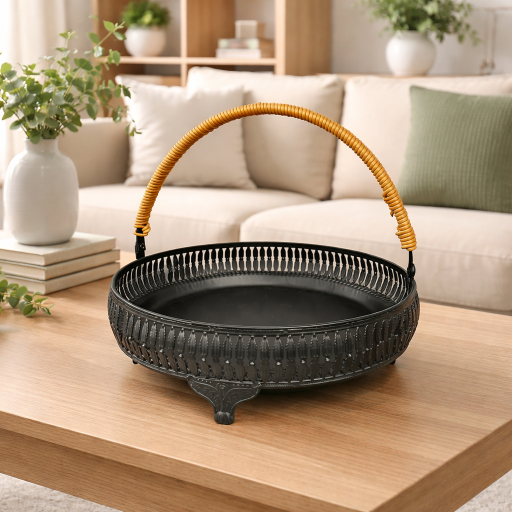 Vintage Style Metal Basket with Rattan Handle