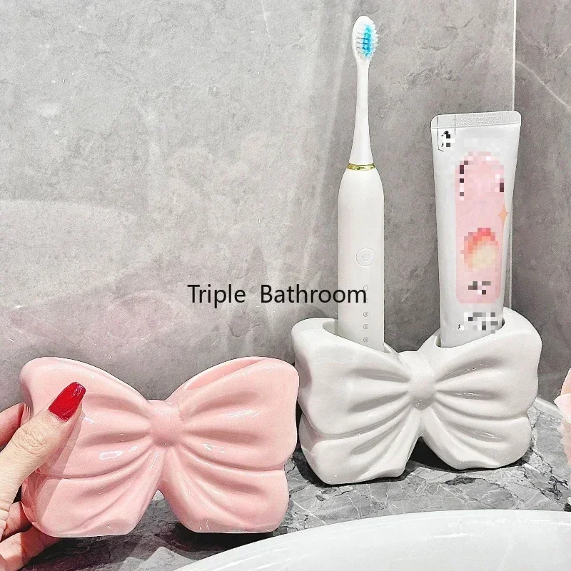 Ceramic Bow Holder Toothbrush Toothpaste Brush Holder
