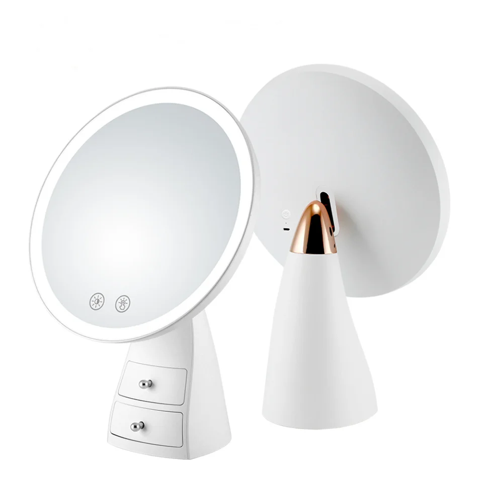 Best Lighted Makeup Mirror Touchscreen Rechargeable Led Vanity Mirror Table Round Mirror With Small Storage Drawer