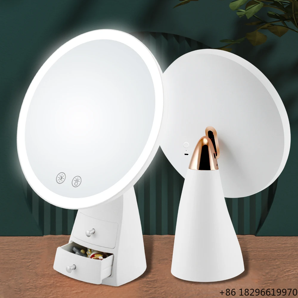 Best Lighted Makeup Mirror Touchscreen Rechargeable Led Vanity Mirror Table Round Mirror With Small Storage Drawer