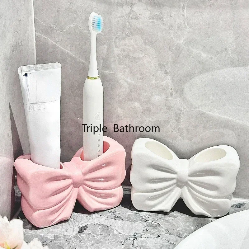 Ceramic Bow Holder Toothbrush Toothpaste Brush Holder