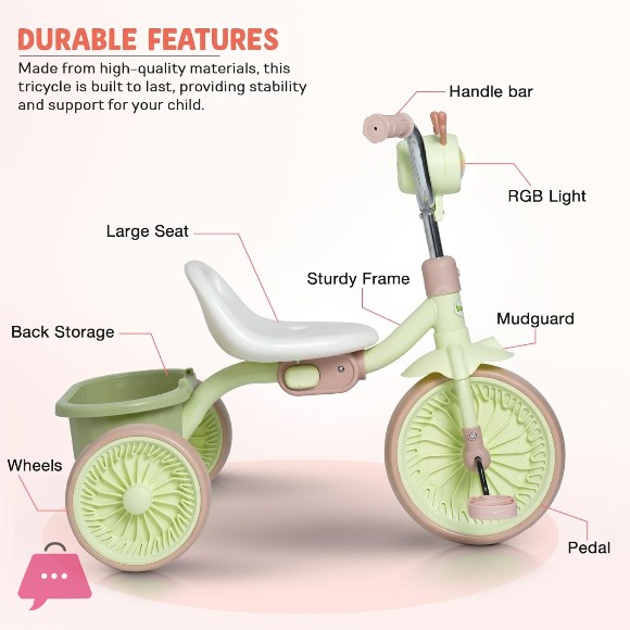 Baby Tricycle for Kids 2-5 Years Foldable Kids Cycle with Light and Music