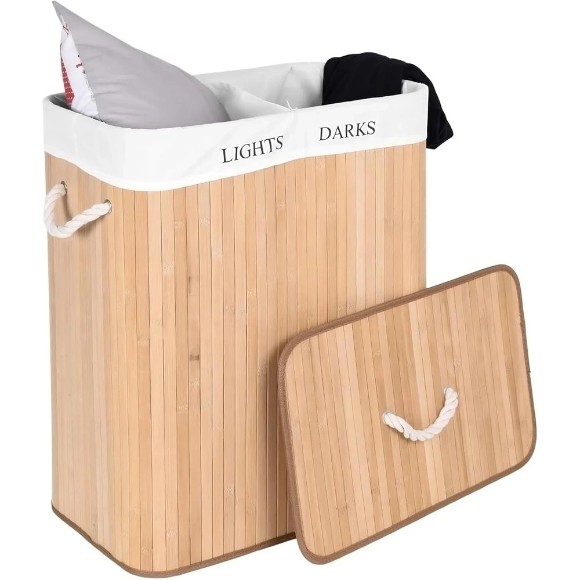 Bamboo Laundry Basket Toy Box Two Compartment for the bathroom