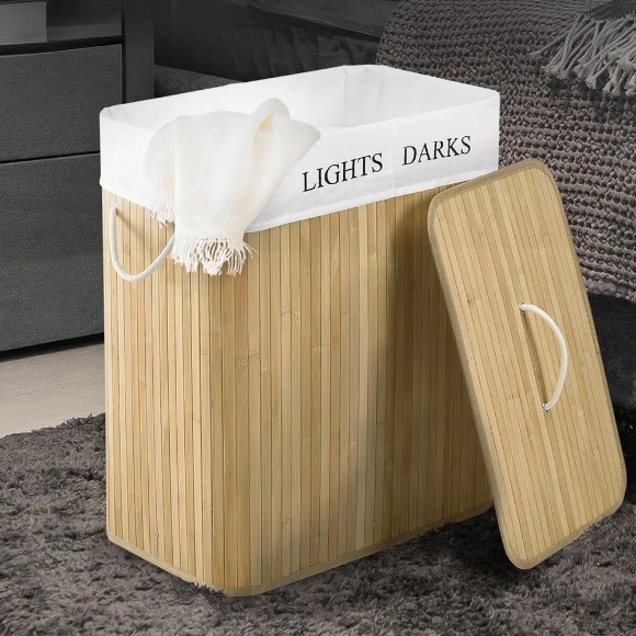 Bamboo Laundry Basket Toy Box Two Compartment for the bathroom