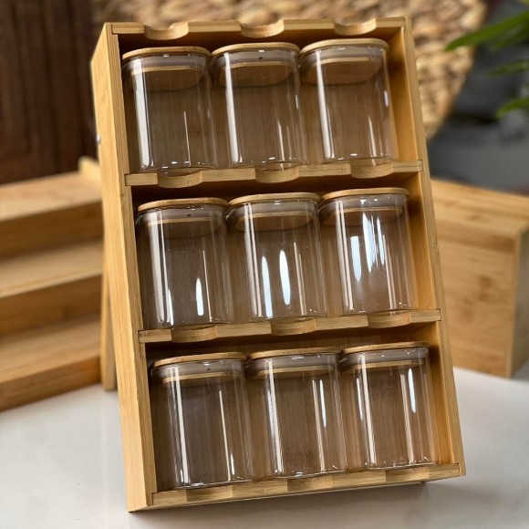 Bamboo Spice Jar with 3 tiers Stand 9 Pcs