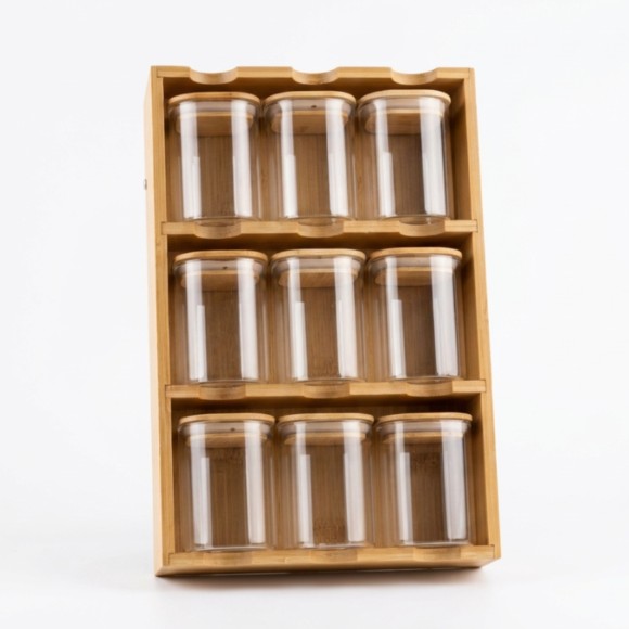 Bamboo Spice Jar with 3 tiers Stand 9 Pcs