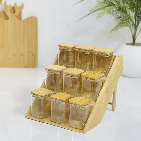Bamboo Spice Jar with 3 tiers Stand 9 Pcs