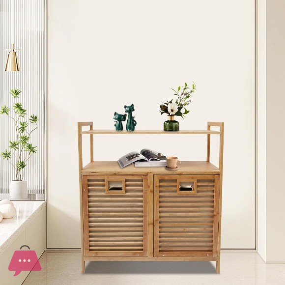 Bamboo Two Laundry Hamper Cabinet with Shelves & Tilt Out Basket Organizer for Laundry Room