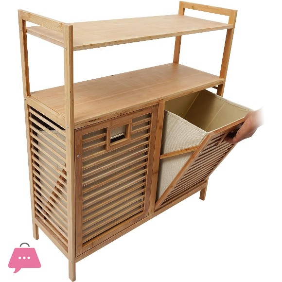 Bamboo Two Laundry Hamper Cabinet with Shelves & Tilt Out Basket Organizer for Laundry Room