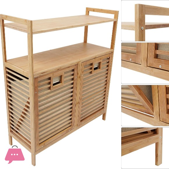 Bamboo Two Laundry Hamper Cabinet with Shelves & Tilt Out Basket Organizer for Laundry Room