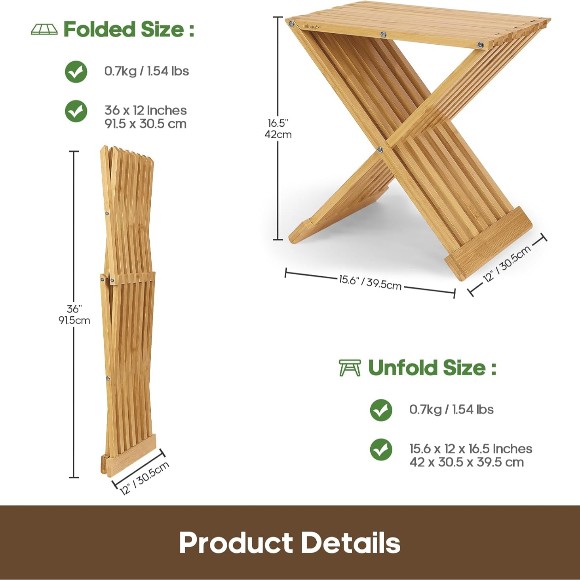 Bamboo Waterproof Folding Stool Multi-Use Seat for Bathroom and Steam Sauna Room
