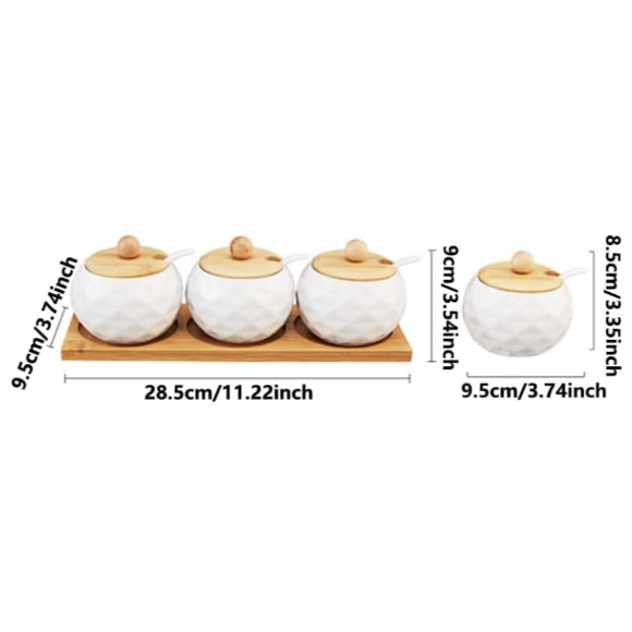 Ceramic Spice Jar with Bamboo Rack 3 Pieces