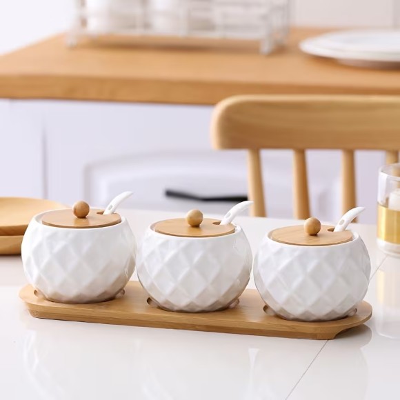 Ceramic Spice Jar with Bamboo Rack 3 Pieces