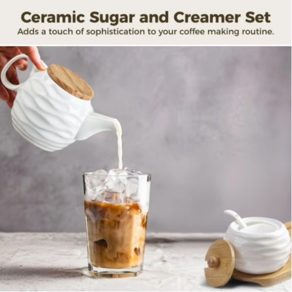 Ceramic Sugar and Creamer Set 11.8 oz Creamer Pitcher and 7.4 oz Sugar Bowl with Wooden Tray & Lid