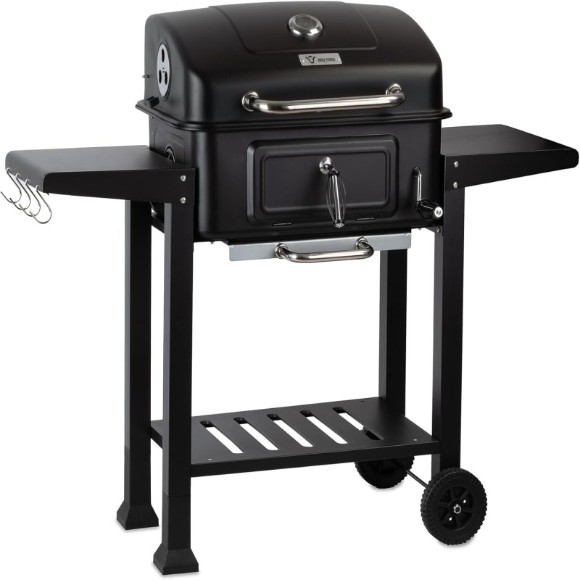 Charcoal BBQ Grill Trolley with Lid, Coals Tray Height Adjustable with thermometer