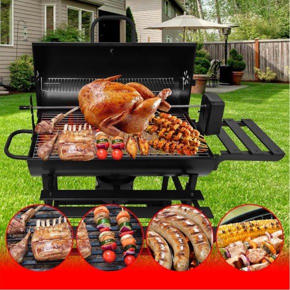 Charcoal Grill Trolley With Shelf Side Table Wheels Built-in Thermometer Barbecue Grill with Automatic Rotating Grill Suitability for Outdoor BBQ