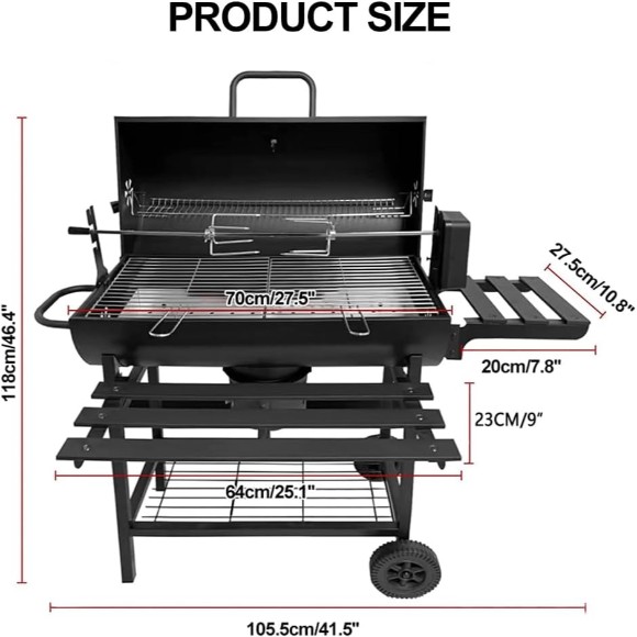 Charcoal Grill Trolley With Shelf Side Table Wheels Built-in Thermometer Barbecue Grill with Automatic Rotating Grill Suitability for Outdoor BBQ