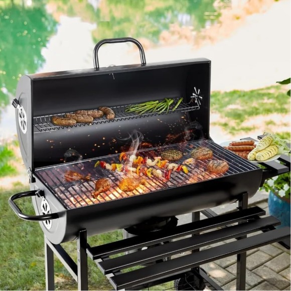 Charcoal Grill Trolley With Shelf Side Table Wheels Built-in Thermometer Barbecue Grill with Automatic Rotating Grill Suitability for Outdoor BBQ