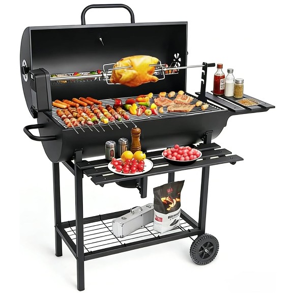 Charcoal Grill Trolley With Shelf Side Table Wheels Built-in Thermometer Barbecue Grill with Automatic Rotating Grill Suitability for Outdoor BBQ