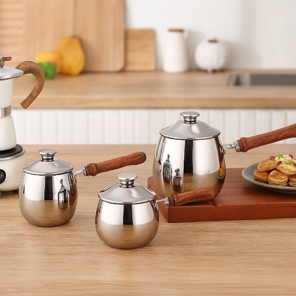 Milk Pot Coffee Kettle with Wooden Handle and Lid