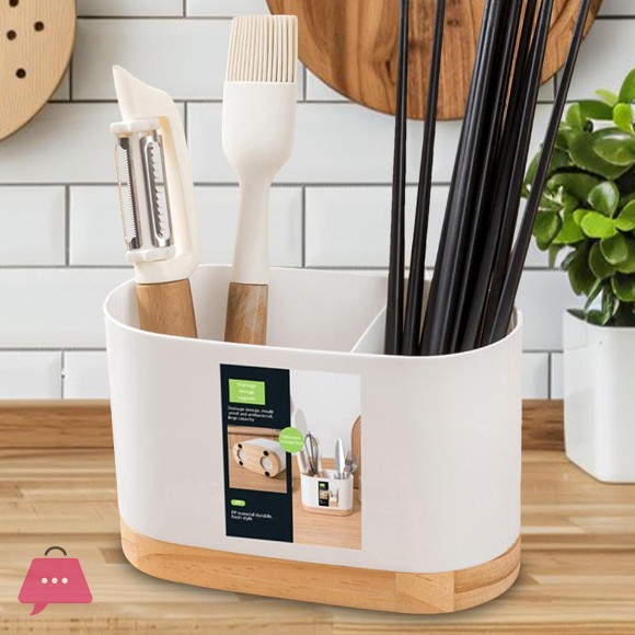 Cutlery Storage Drainer Rack - Wooden Base Kitchen Utensil Holder