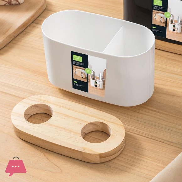 Cutlery Storage Drainer Rack - Wooden Base Kitchen Utensil Holder